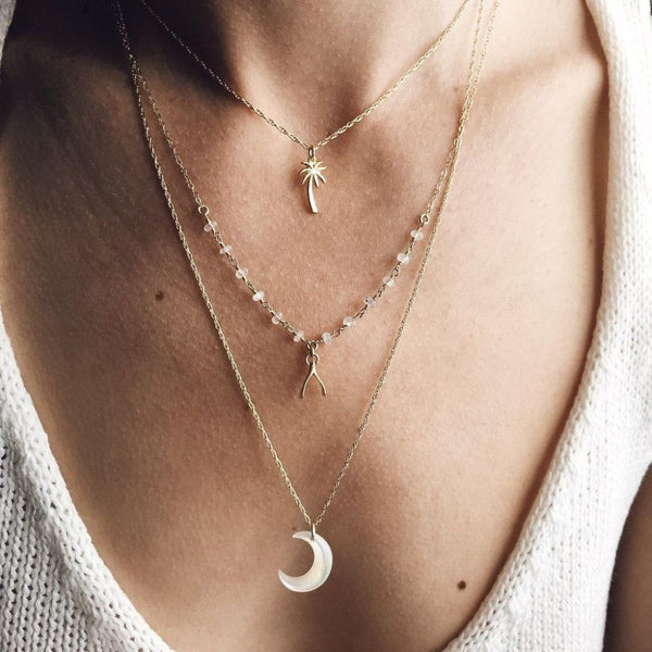Multi Layered Boho Coconut Tree, Wish Bone, Moon Pendant Necklace