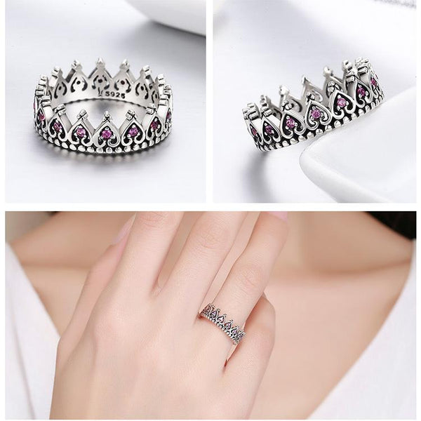 Sterling Silver Pink Crown Heart Ring